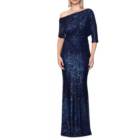Betsy & Adam - Sequined One-Shoulder Gown - Picture 1 of 14